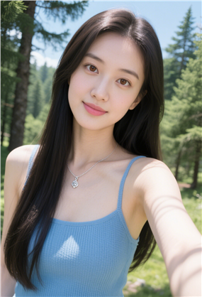 森系写真风格蓝色吊带美女自拍图片